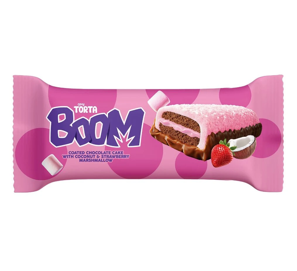 تورتا بووم كيك كاكاو محشو كريمة الفراولة ومغطي بالمارشيملو والشوكولاتة وجوز الهند قطعة واحدة